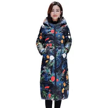 

Chic Long Colorful Print Hooded Fur Coat Women Oversize Winter Down Coat Thick Warm Bakery Jacket Cotton Padded Wadded Parkas