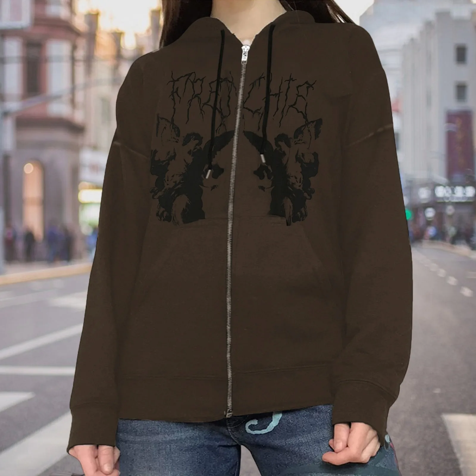Women's Hooded Jacket Y2k Fashion Angel Dark Print Coat With Pockets Long Sleeves Zipper Loose Women's Clothes Streetwear 1