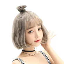 LANLAN парик женские короткие волосы bobo полная голова стиль лицо пушистая Пряжка короткие кудрявые волосы шоколадный Бирюзовый Лен серый многоцветный