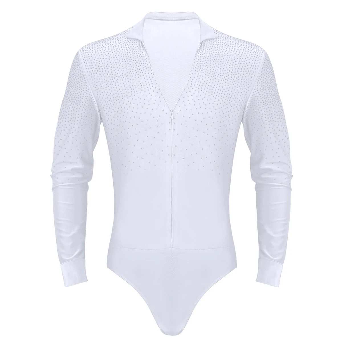 Renvena Hommes Léotard Danse Ballet Latine Tango Samba Body Chemise à Manches Longues Justaucorps Gymnastique Athlétique Sport Jumpsuit Haut Col V Maille Transparente A Blanc M