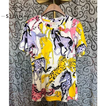 

SEQINYY Cotton T Shirt 2020 Summer Spring New Fashion Design Women Short Sleeve Cartoon Animals Print Yellow Top
