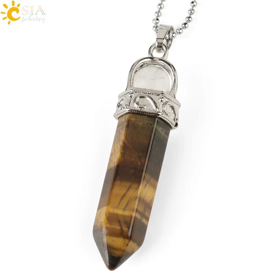 Tiger Eye Chain CSJA натуральный камень исцеляющий кулон остроконечная шестигранная колонна Белый Розовый Фиолетовый Кристалл столб подвески ожерелья для женщин мужчин G287 - Metal color: Tiger Eye Chain