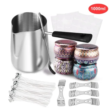 

210PCS Candle Making Kit Supplies Include 34oz 1000ml Melting Pot with Long Handle Spoon 4oz Tins Wick Sticker Centering Device