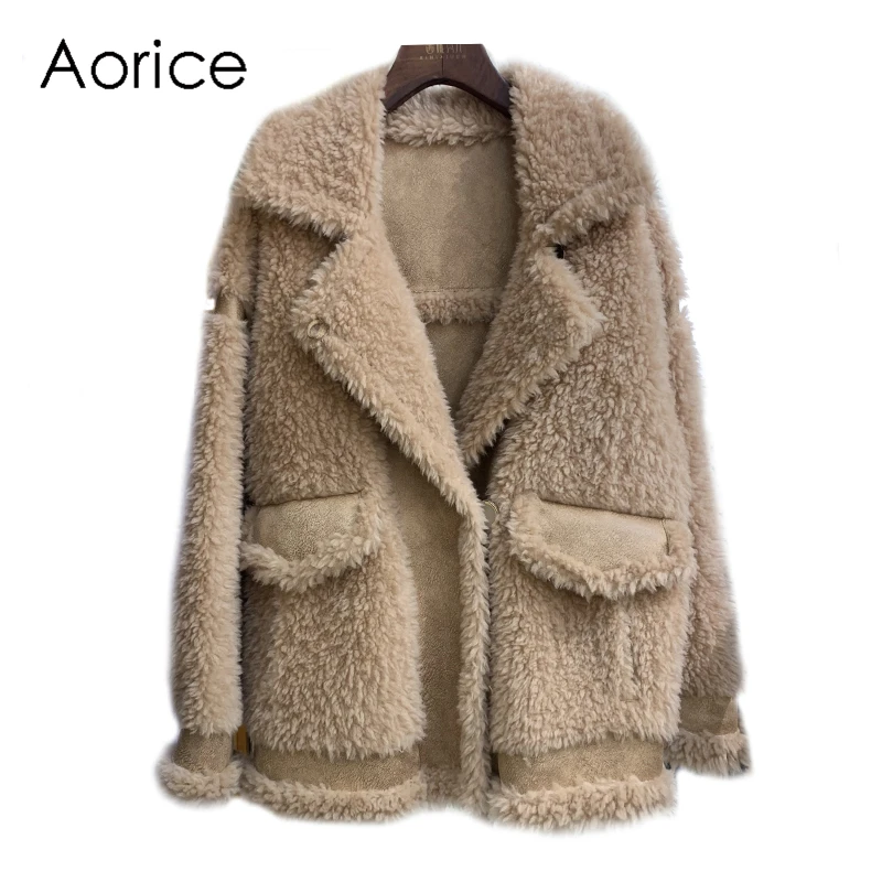 Aorice женские зимние классические натуральном овечьем меху куртка, пальто Модные женские натуральная меховая Шуба Верхняя одежда C402103