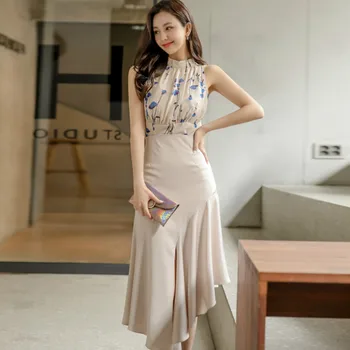 

2020 Summer Sleeveless Print Stand Neck Chiffon Blouse High Waist Irregular Mid-Calf Skirt Two Piece Fishtail Party Dress