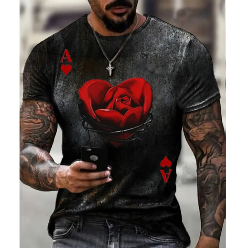 Rose Hearts Poker Pattern Skull Printed T-Shirt Men Street Style Trendy Short Sleeve Casual Round Neck Oversize Sports Male Tees | Мужская