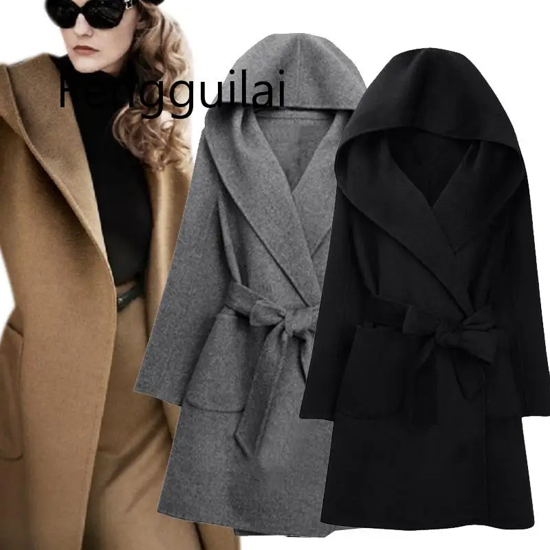 Модные зима-осень Для женщин Шерстяное пальто с длинными рукавами; комплект из двух сторонняя шапка поясом теплые свободные штаны для мальчиков, шерстяная куртка для девочек верхняя одежда с капюшоном