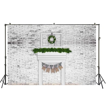 

HUAYI white brick wall with fireplace and green leaf backdrop Christmas party background studio props photobooth W-2169