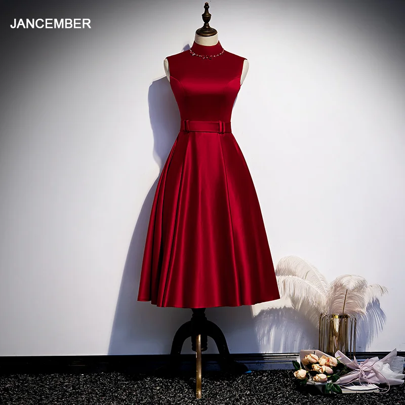 

JANCEMBER WLN20060 Summer New Noble Atmosphere Red High Neck Sashes Mid-Length Evening Prom Dress 2020   