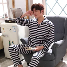 Men's Pajamas Set Cotton Loose Cardigan Lapel Double Sided Home Striped Pattern Comfortable Breathable Long-sleeved Trousers