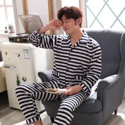 Men's Pajamas Set Cotton Loose Cardigan Lapel Double Sided Home Striped Pattern Comfortable Breathable Long-sleeved Trousers