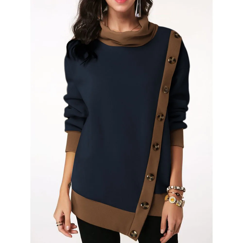  Fashion Women Hoodie Autumn and Winter Irregular Buttons Patchwork Blus Oversized Sweatshirts Offic