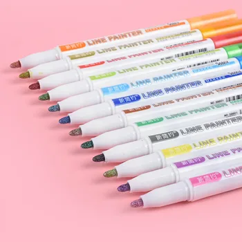 

12 Colors Double Line Outline Pen Glitter Color Fluorescent Marker Metal Color Pen Handwriting Pen for Drawing Doodling JR Deals