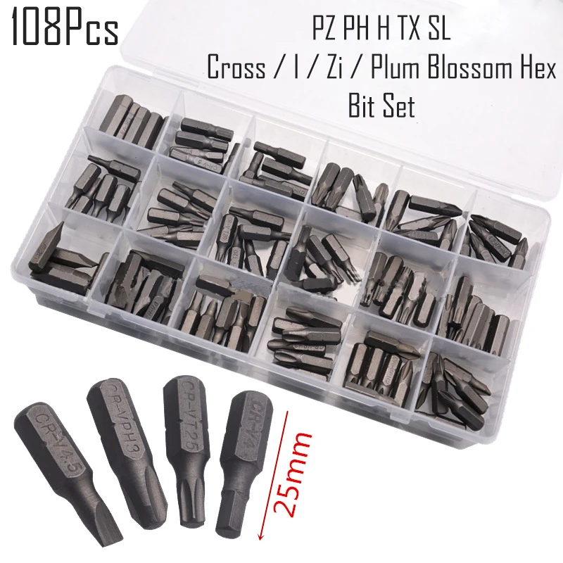 

108 Pcs/Set Screwdriver Insert Bits Hex Shank with Storage Case Phillips Magnetic Screwdriver Bits Antislip Head Driver Bit