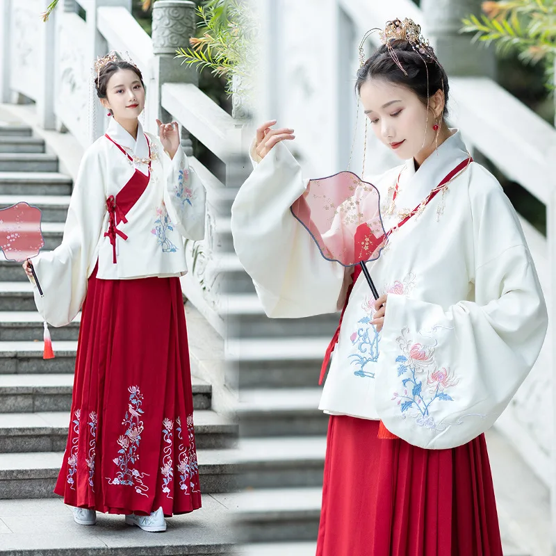  Traditional Chinese Clothing Improvement Hanfu Woman White Red Sleeve Double-layer Fabric Lining Mi