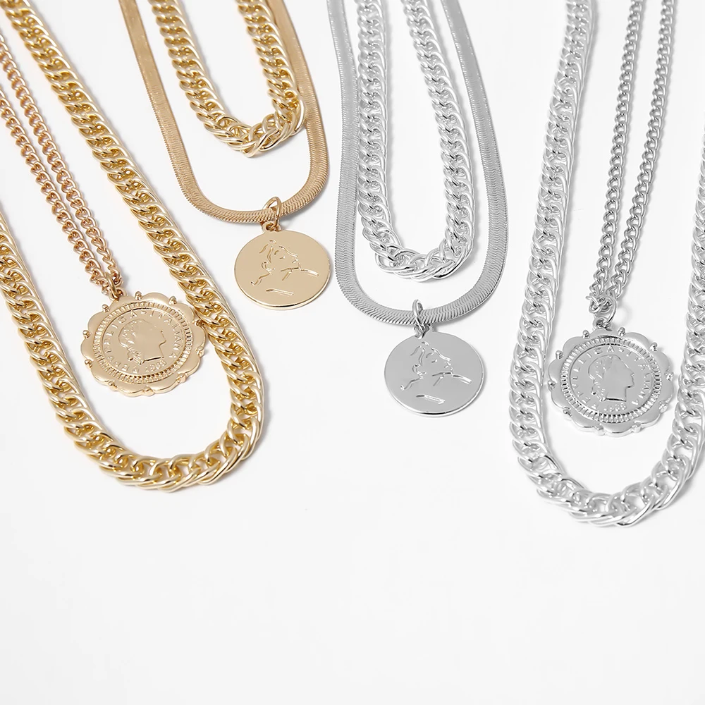 Vintage Boho Fashion Multilevel Thick Chain Necklaces For Women Gold Color Human Head Coin Pendant Necklace Jewelry fashion necklace pendant necklaces pendant necklace metal necklace statement necklace