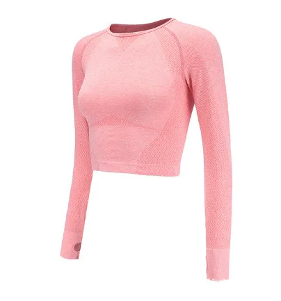 Бесшовные рубашки для йоги, укороченный топ с длинным рукавом, спортивный женский бюстгальтер для фитнеса, одежда для спортзала, Омбре - Цвет: Light Pink