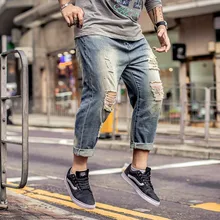 Модные однотонные мужские джинсы отверстие свободное до щиколотки джинсы мужские джинсы в стиле кэжуал Большие размеры