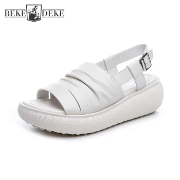 

New Women Genuine Leather Casual Black White Shoes Summer Outside Pleated Open Toe Buckle Strap Heighten Platform Wedges Sandals