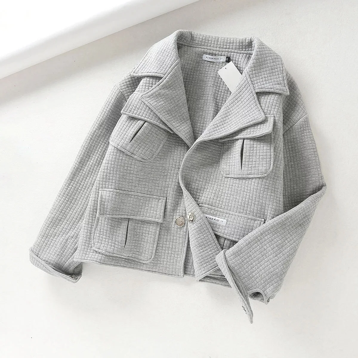 

Europe And America 2019 Autumn Women's Loose-Fit Versatile Multi-pockets Gray Plaid Coat BF Long Sleeve Casual Tops
