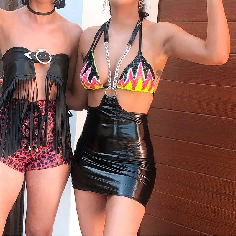 

women sexy casual fashion halter metal chain bodycon skinny PU leather skirt female slim club short skirt WAD7248W07