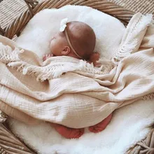 Одеяло из муслина для новорожденных, однотонное, с кисточками, для пеленания, одеяло для новорожденных, пеленка для новорожденных девочек и мальчиков, мягкая пеленка с кисточками