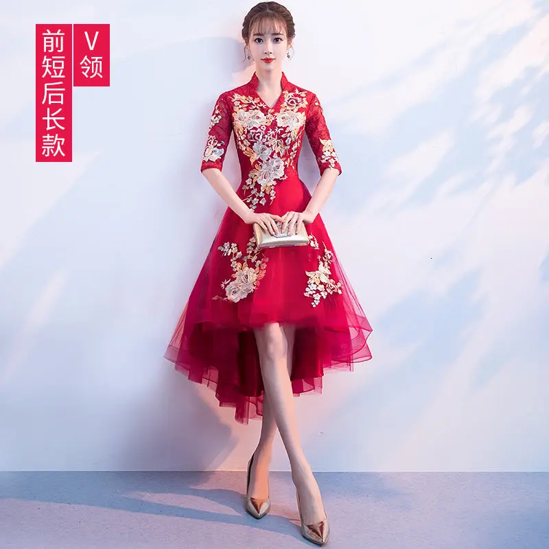 Модные кружевные вечерние платья Qi Pao женское китайское свадебное платье Cheongsam красное свадебное платье Qipao Акция тонкий халат Rouge - Цвет: WR Vneck sht before