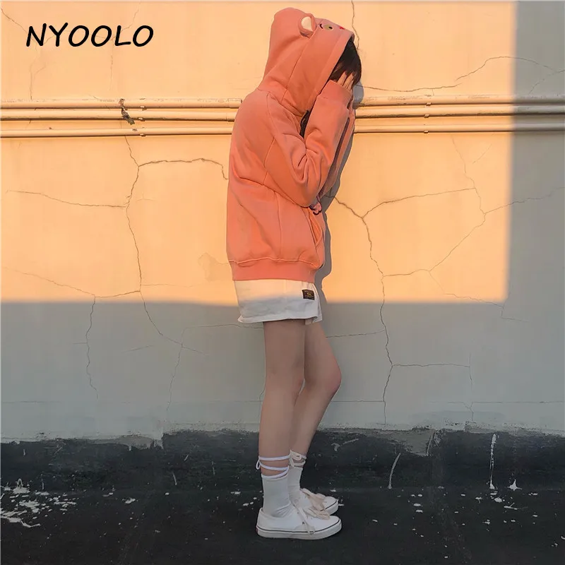 NYOOLO Harajuku стиль милые медвежьи уши свободные толстые теплые толстовки для девочек осень зима длинный рукав с капюшоном Пуловеры Толстовка для женщин