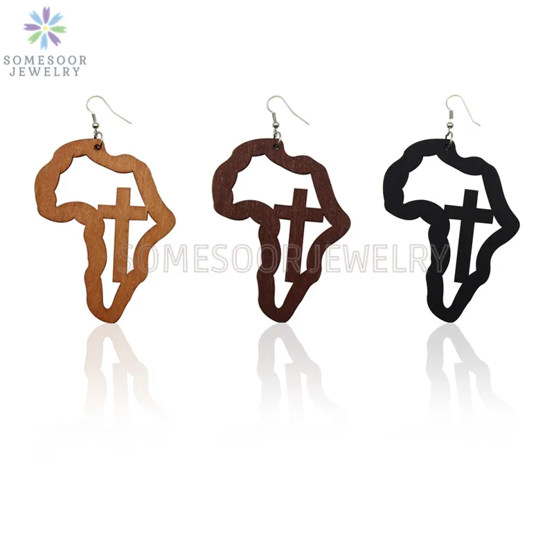 

SOMESOOR Engraved Cross African Map Wooden Drop Earrings Christian Design Large Wood Ear Loops Dangle Jewelry For Women Gifts