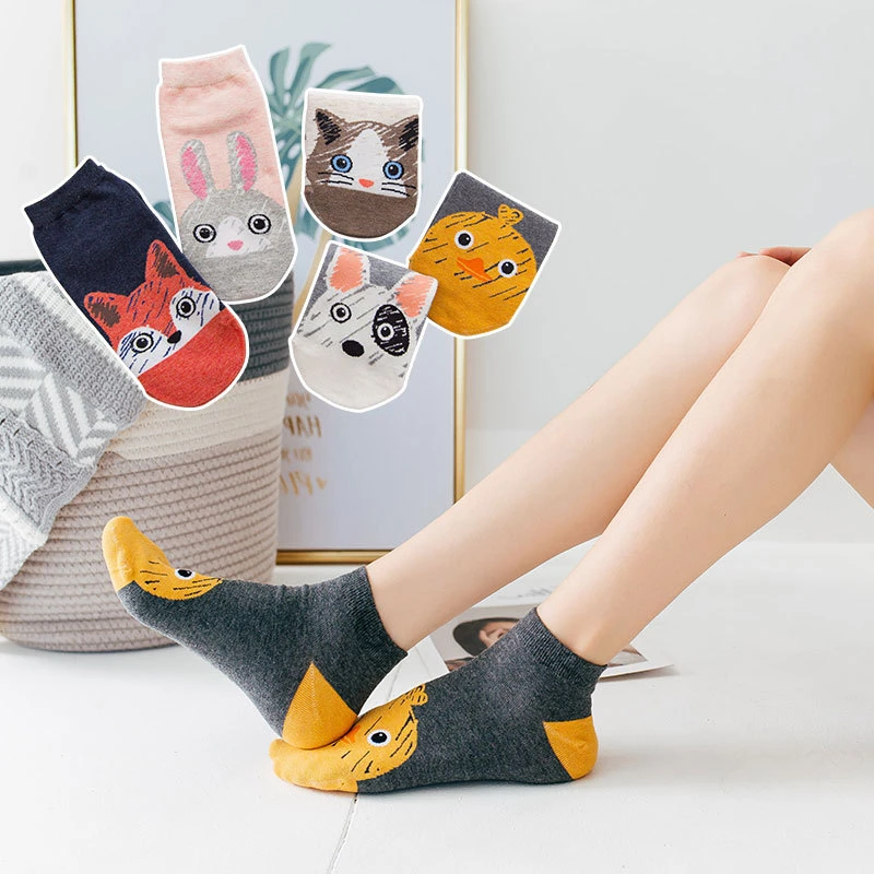 tobilleros divertidos para mujer, medias con diseño de animales, pato, perro, gato, zorro, conejo, Harajuku, estilo coreano, 5 pares|Calcetines| -
