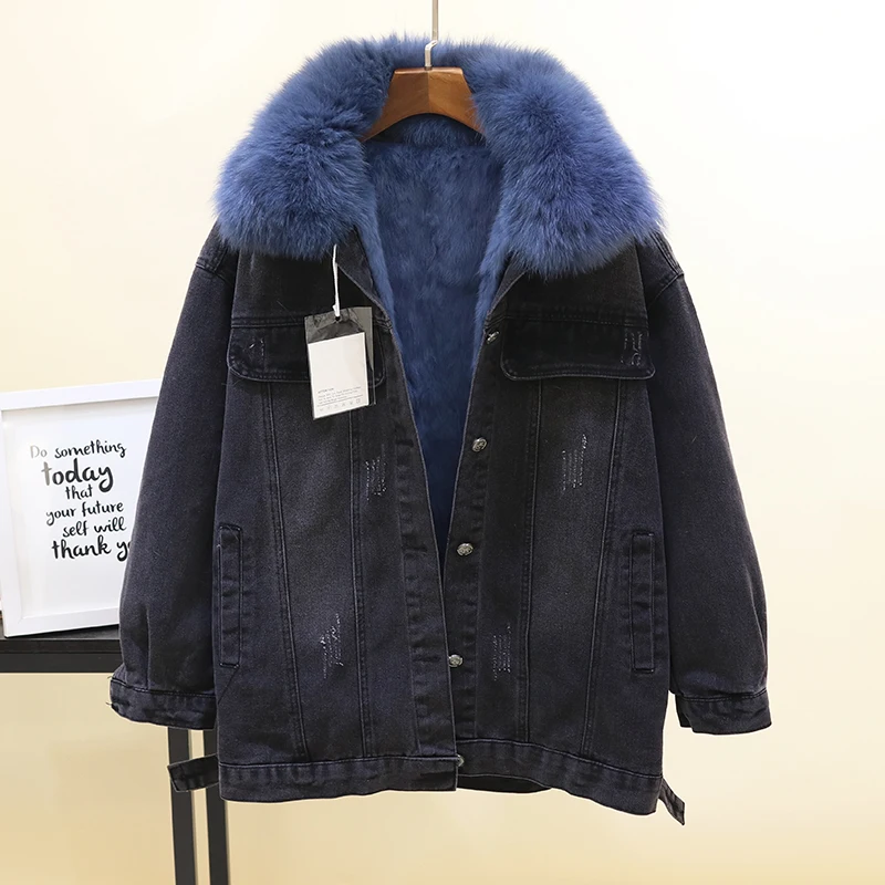 

New Winter Rabbit Fur Inner Thickened Denim Coat Women's Fox Wool Collar Warm Top Parker Girls Student Loose Jeans Cotton Jacket