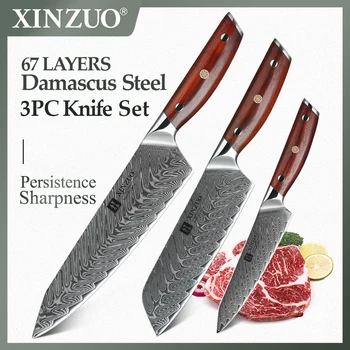 

XINZUO 3 PCS Kitchen Knife Set 67 Layer Damascus Steel Fashion Sabtoku Utility Chef Knives Kitchen Tools with Rosewood Handle