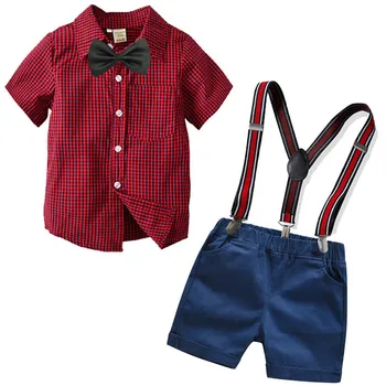 

Baby Boys Gentleman Set Summer Fashion Red lattice Short Sleeve Shirt+ Strap Shorts Children's Party Clothing Boys Overalls