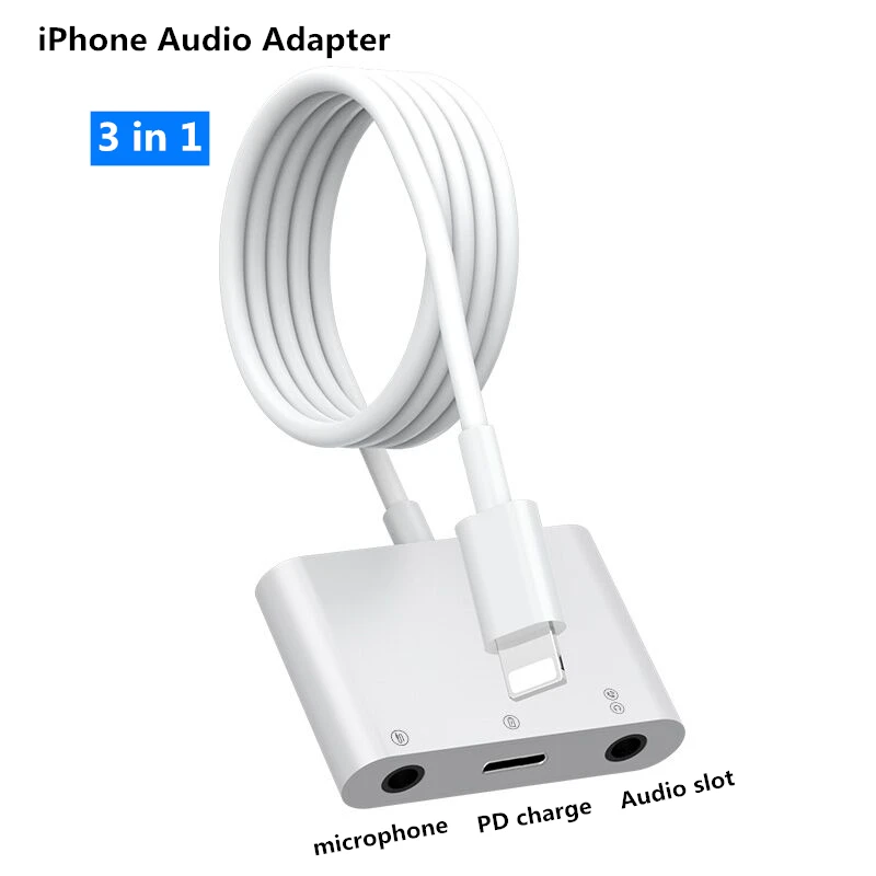 

Audio Adapter 3 in 1 Charging Earphone Cable For iPhone 7 /8 plus/X/XS Aux Jack headset 3.5 mm Headphone splitter for Lightning