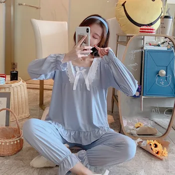 

Sweet Bow Lace Autumn Winter Women's 2 Pieces Set PajamasCute Women Long Sleeve Two Sets 2020 Fashion Cute Girl Nightgown