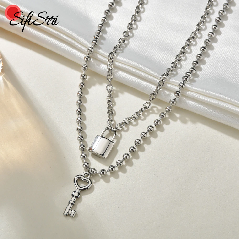Sifisrri Punk Double Layer Lock and Key Pendant Stainless Steel Necklace for Women Men Couples Valentine's Day Jewelry Gifts | Украшения