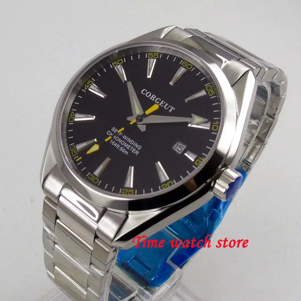 41mm Corgeut Miyota 8215 5ATM automatic men's watch steel Polished date luminous sapphire glass - Цвет: Black 1 Miyota