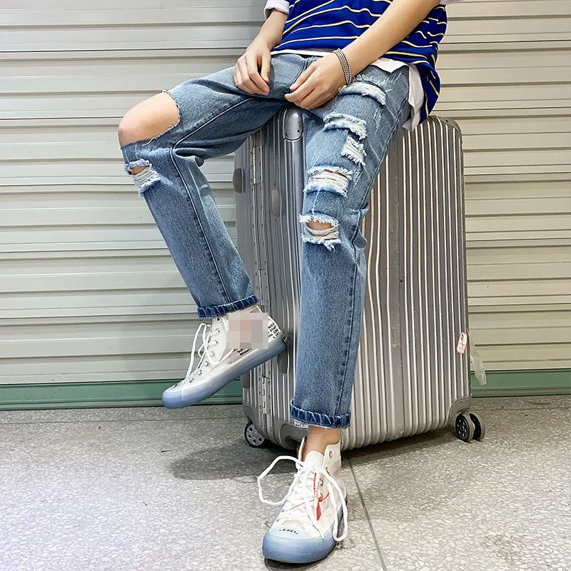 

Hole Slim Jeans Men Solid Ankle Length Straight Design Destroyed Ripped Denim Pants Casual Pencil Jeans Mens Clothing Fashion