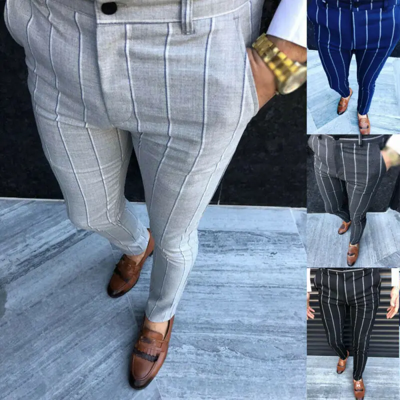 

Formal Men's Striped Pants Slim Fit Business Casual Pencil Pants Fashion Office Work Men's Skinny Button Long Trousers