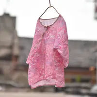 Women Printed Ramie Shirts Tops Ladies Print Ramie Irregular Length Blouse Female 2020 Summer Shirt 1