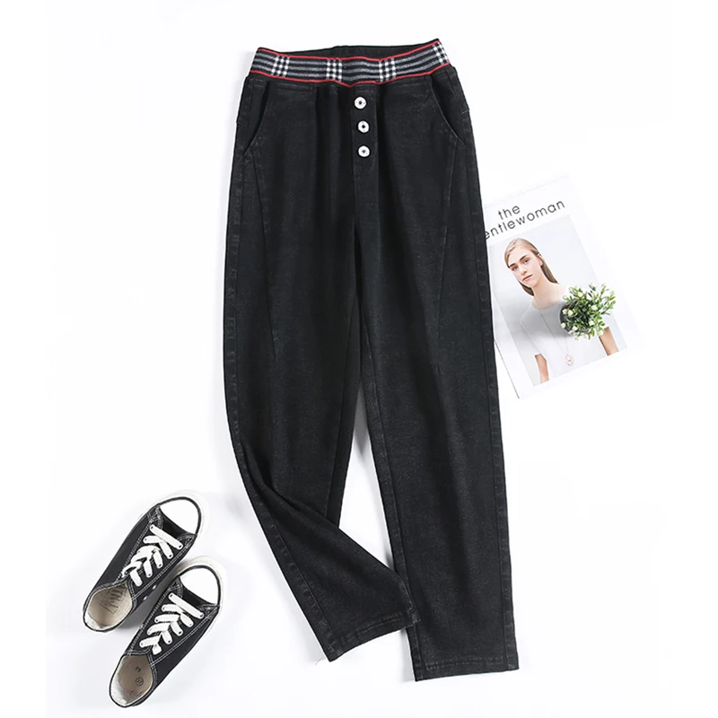 

Autumn stretch women's jeans high waist loose cusaul elastic waist harem pants mujer ankle length buttons plus size snow black