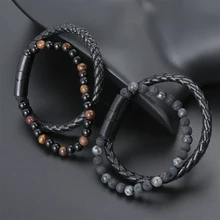 Мужские браслеты с магнитной застежкой натуральный камень искусственный кожаный браслет черная искусственная кожа тигровый глаз браслет из бисера ювелирные изделия