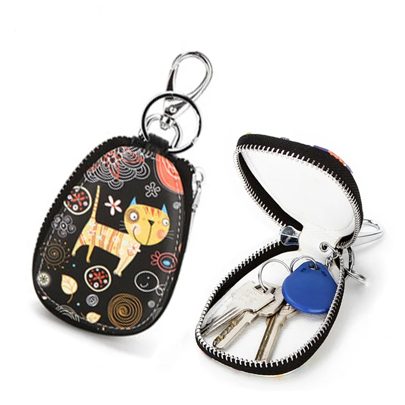 Fashion Painted Design Key Bag for Women Small Leather Key Wallets Housekeepers Car Key Holder Case New Leather Keychain Pouch