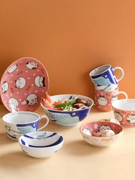 

Made In Japan Cute Under Glazer Ceramic Bowls Children Home Use Cutlery Whale Cat Printed Dish Mugs Bowl Microwave Oven Suitable