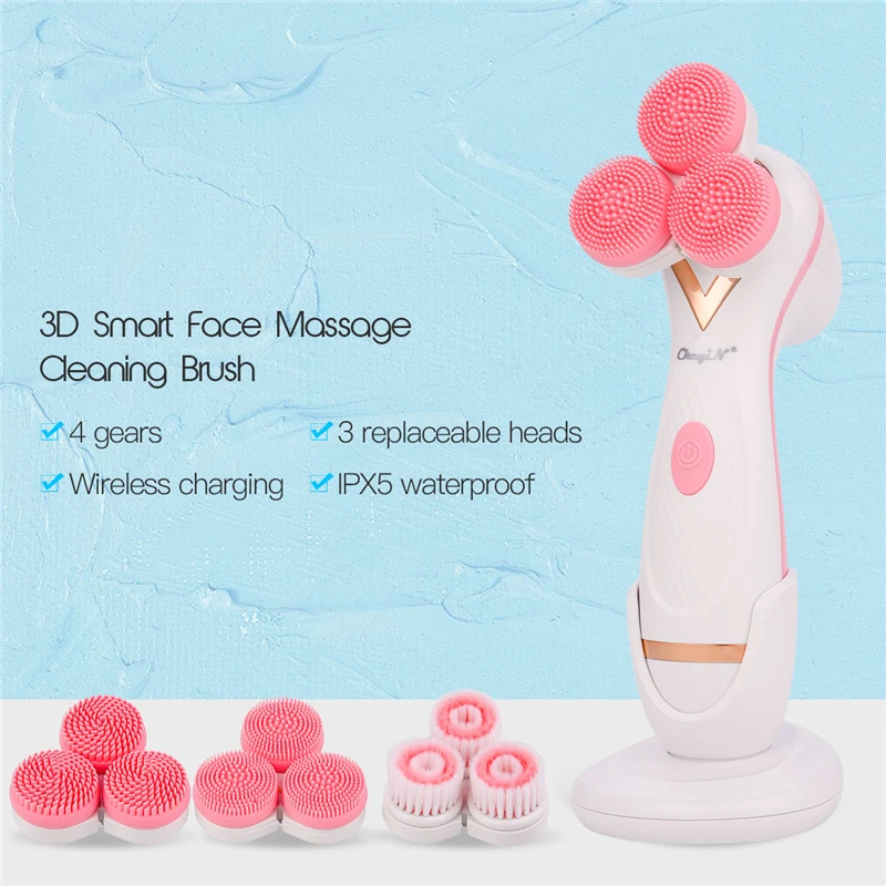 

Waterproof Electric Facial Cleansing Brush 3 In 1 Silicone Face Washing Machine Massager 4 Modes Rotation Face Cleaner Device