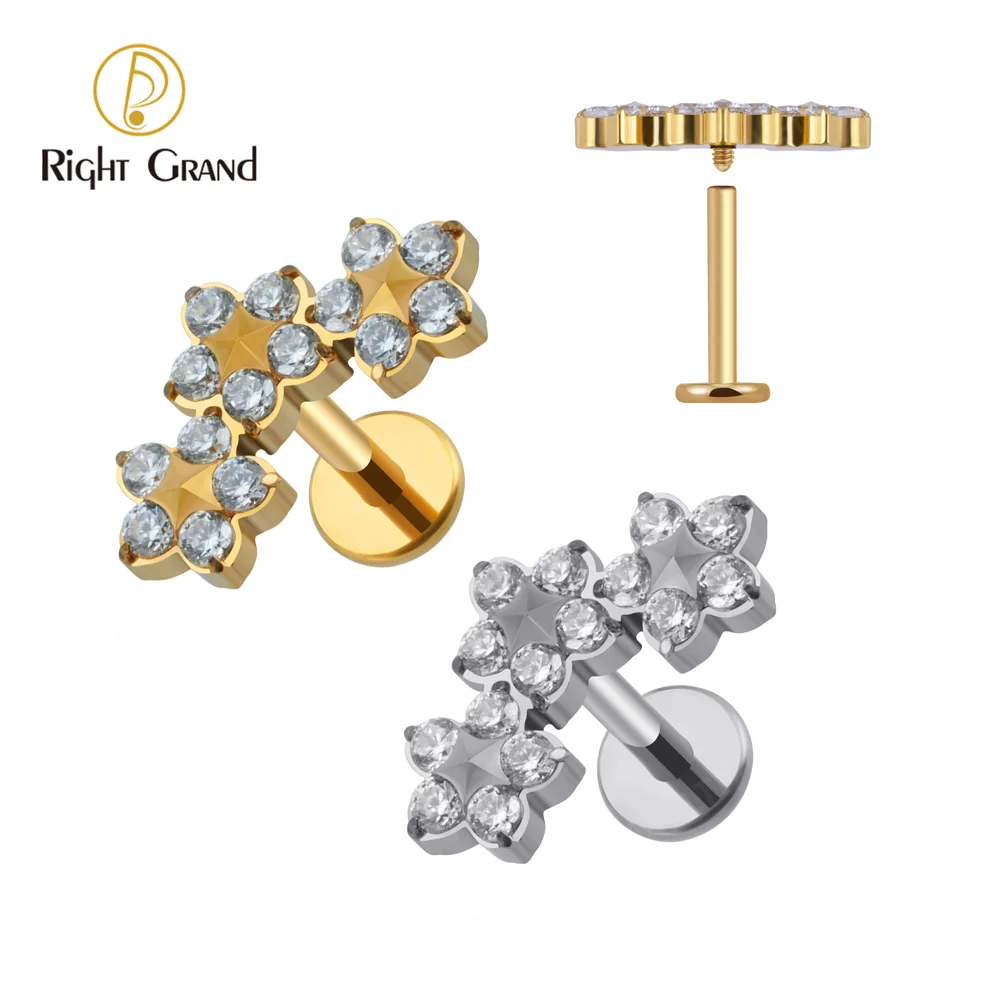 Right Grand ASTM F136 티타늄 트리플 CZ 플라워 클러스터 Labret 내부 스레드 트리니티 플로랄 Tragus Monroe Cartilage, 오른쪽 그랜드 ASTM F136