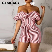 Женский комбинезон в полоску с открытыми плечами и оборками, женский сексуальный пляжный костюм с бантом, цельный комбинезон, вечерние Клубные Комбинезоны