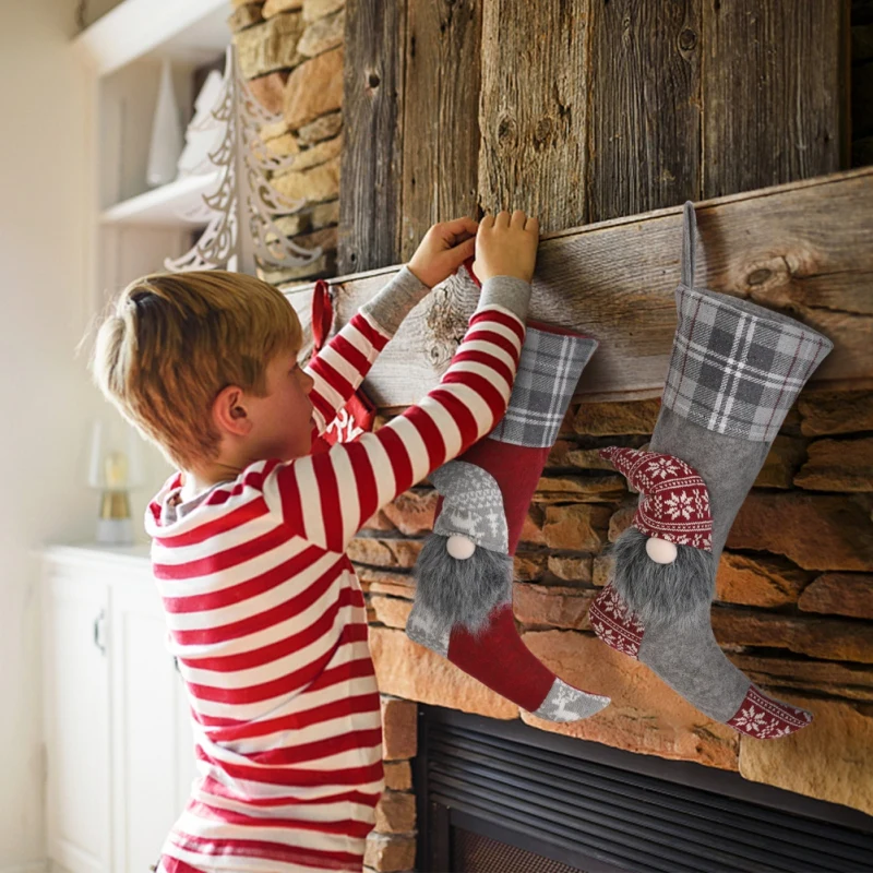 

Christmas Santa Stocking Plaid Pattern Gift Holder Bag with Santa Doll Xmas Tree Hanging Sock Ornament Christmas Home Decoration