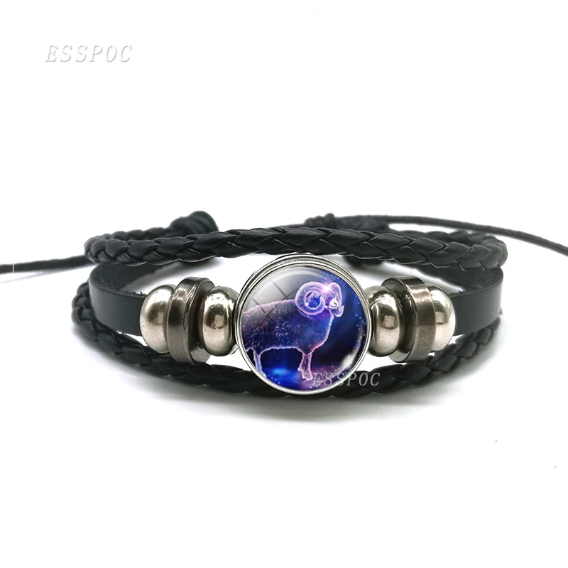 12 Zodiac Signs Constellations Black Button Woven Leather Bracelet Glass Dome Jewelry Men Aries Libra Libra Leo Birthday Gift - Image 2