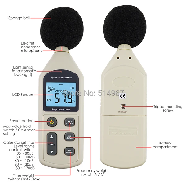 Digital Audio Decibel Meter Sound Level Tester Noise Level Volume Measuring Instrument 30~130dBA Data Recording Self-Calibrated